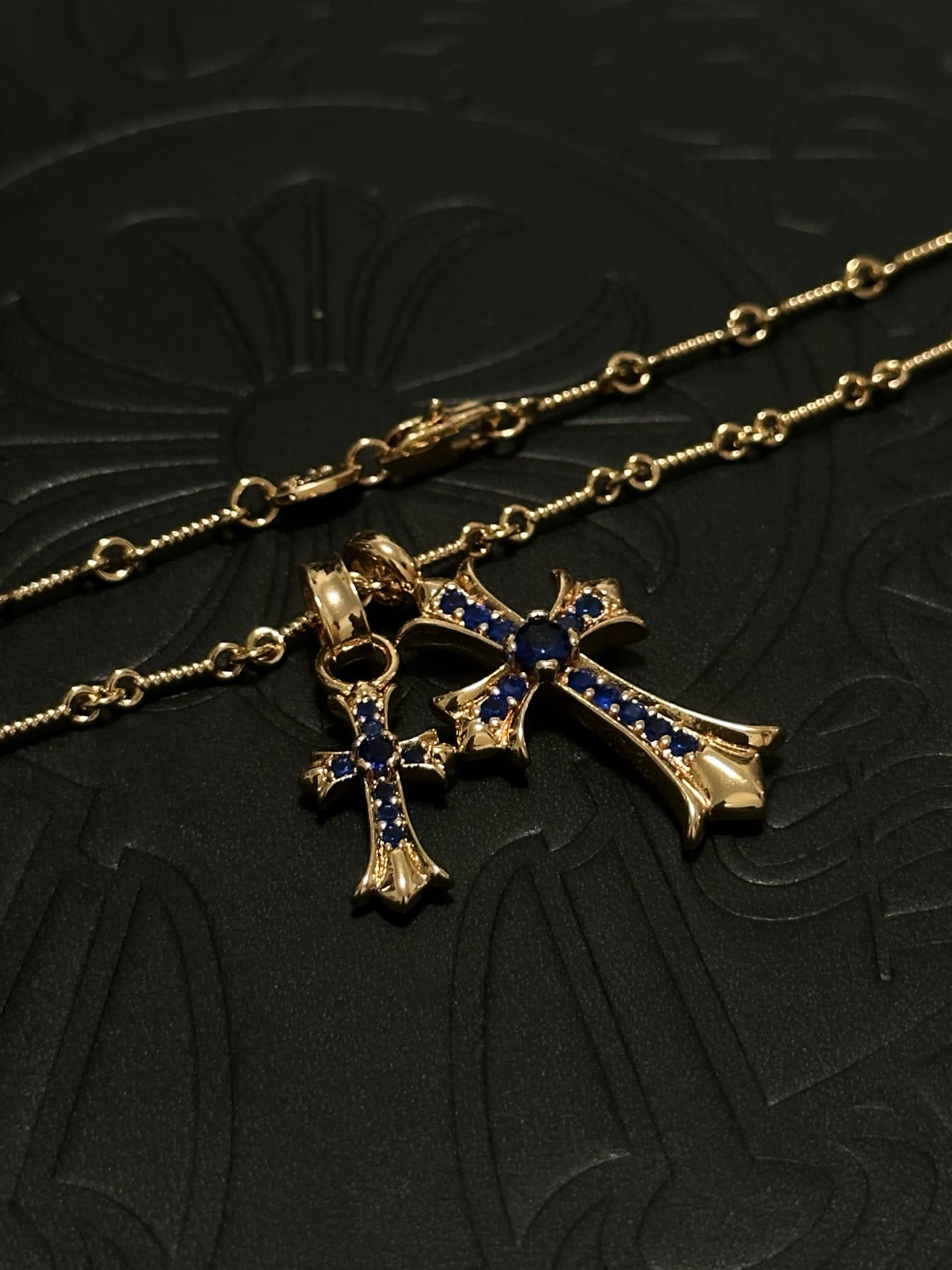 Chrome Hearts Carrera Gold-Tone Blue Crystal Cross Pendant Necklace